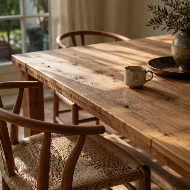 Eettafel met warme houttexturen en natuurlijk licht