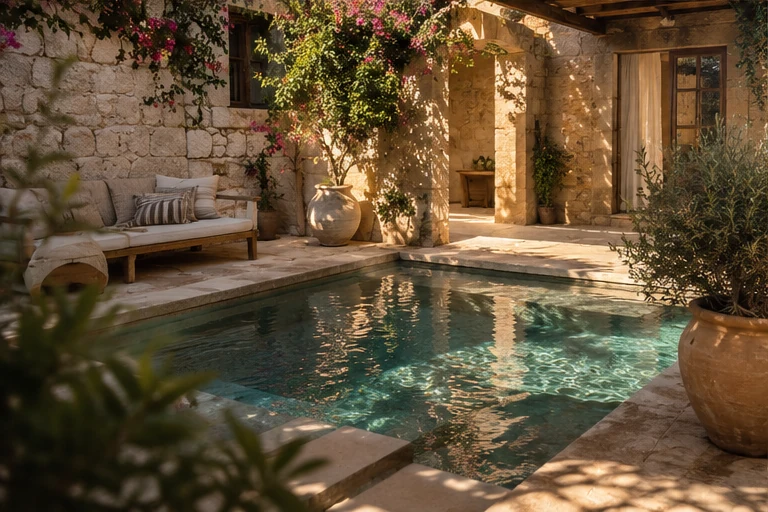 Beschutte stenen binnenplaats met een kleine plunge pool