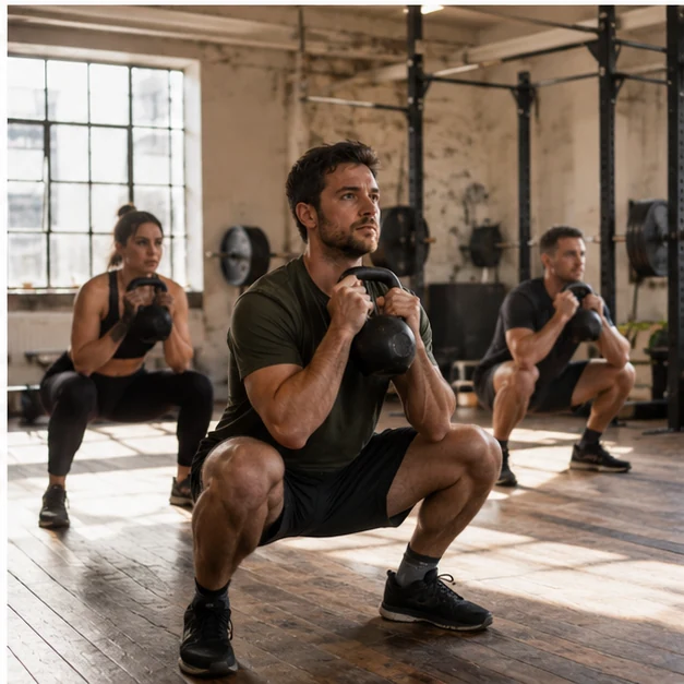 Groepsles met kettlebells in warme gym