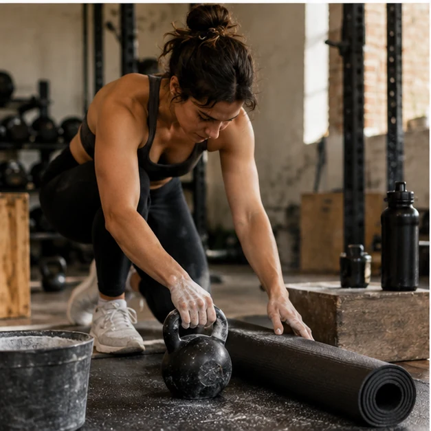 Atleet pakt kettlebell in de fitnessstudio