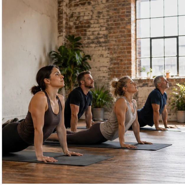 Yoga in een zonnige industriële studio