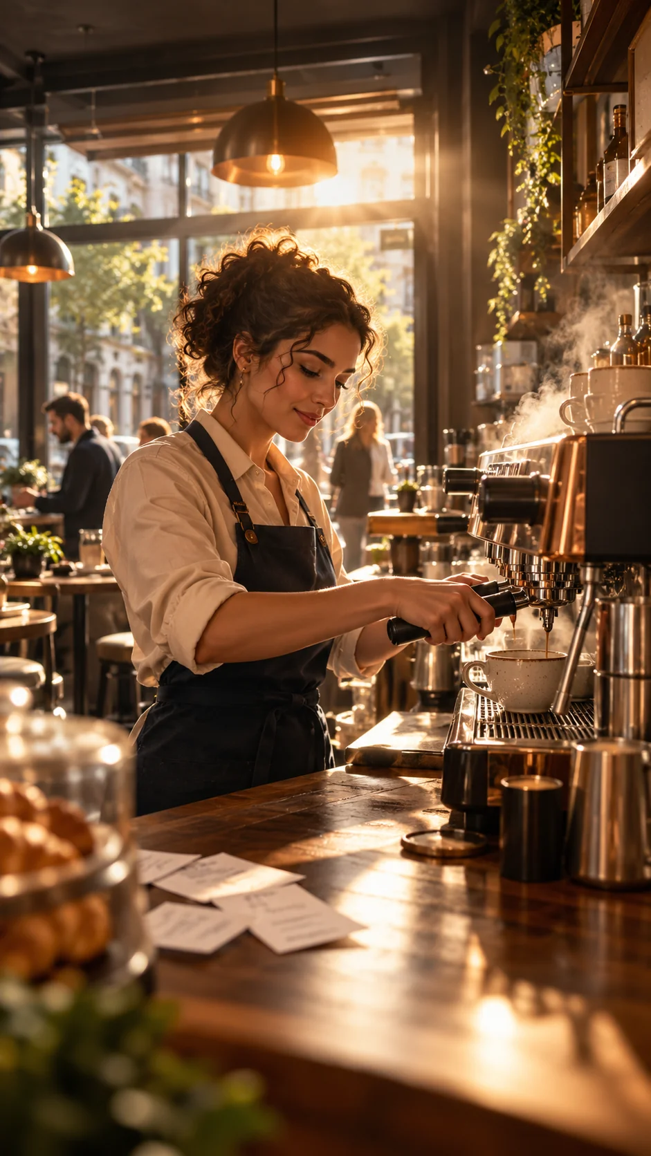 Barista in een warme, echte caféomgeving